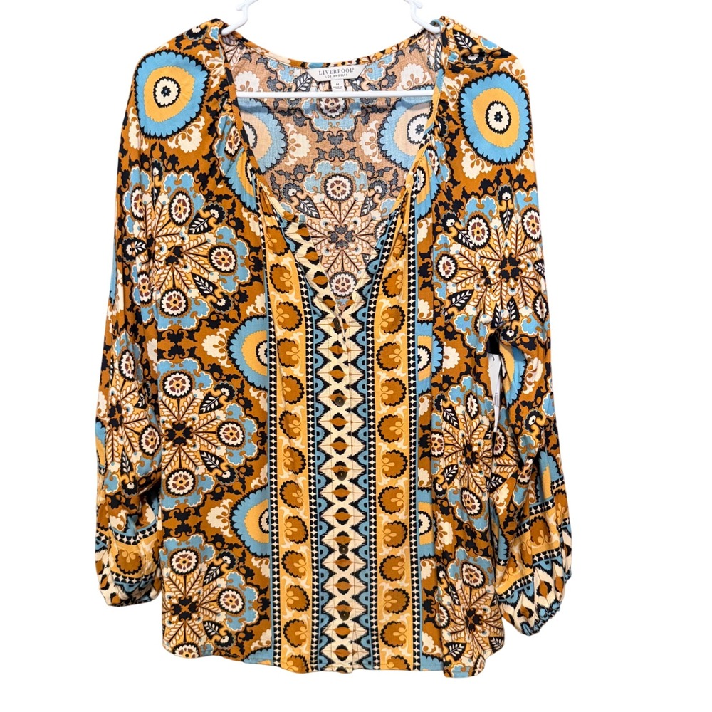 Liverpool Los Angeles Ocean Jasper Multi Medallion Blouse Womens M
